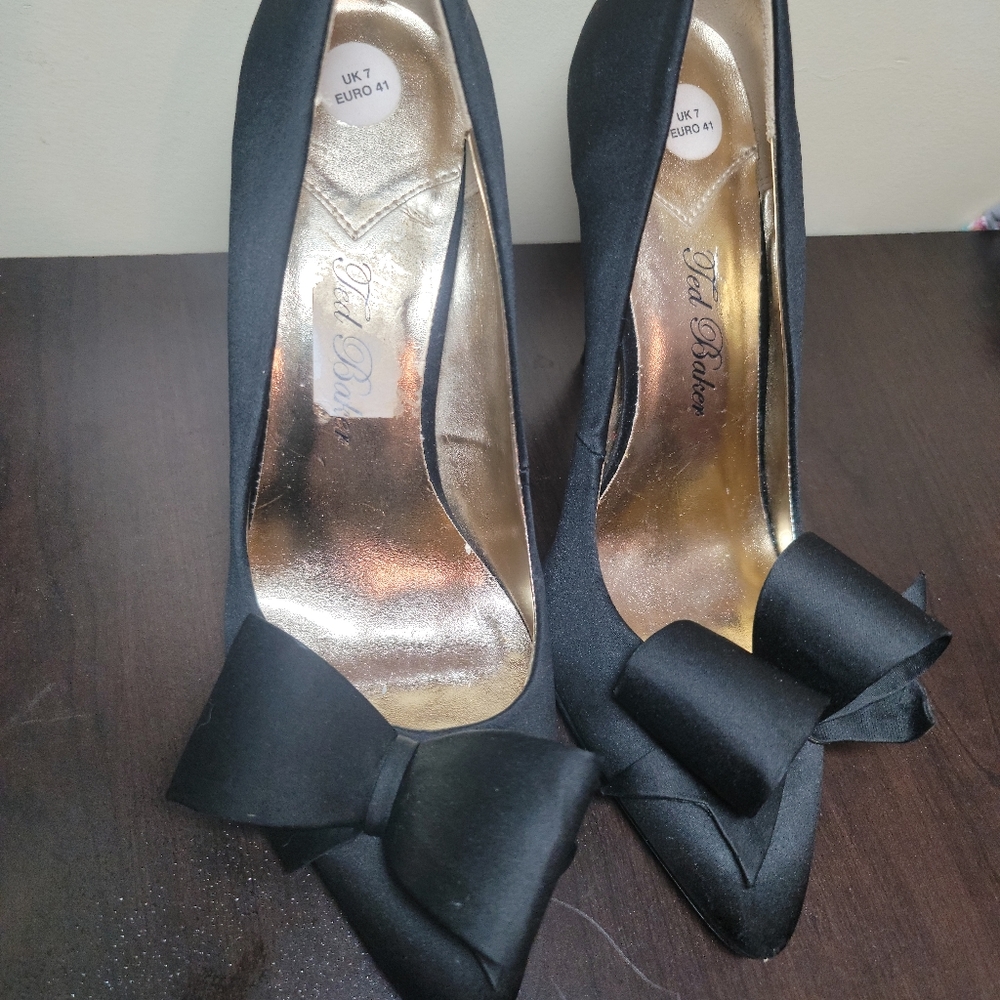TED BAKER Black Satin Heels Bow 9.5